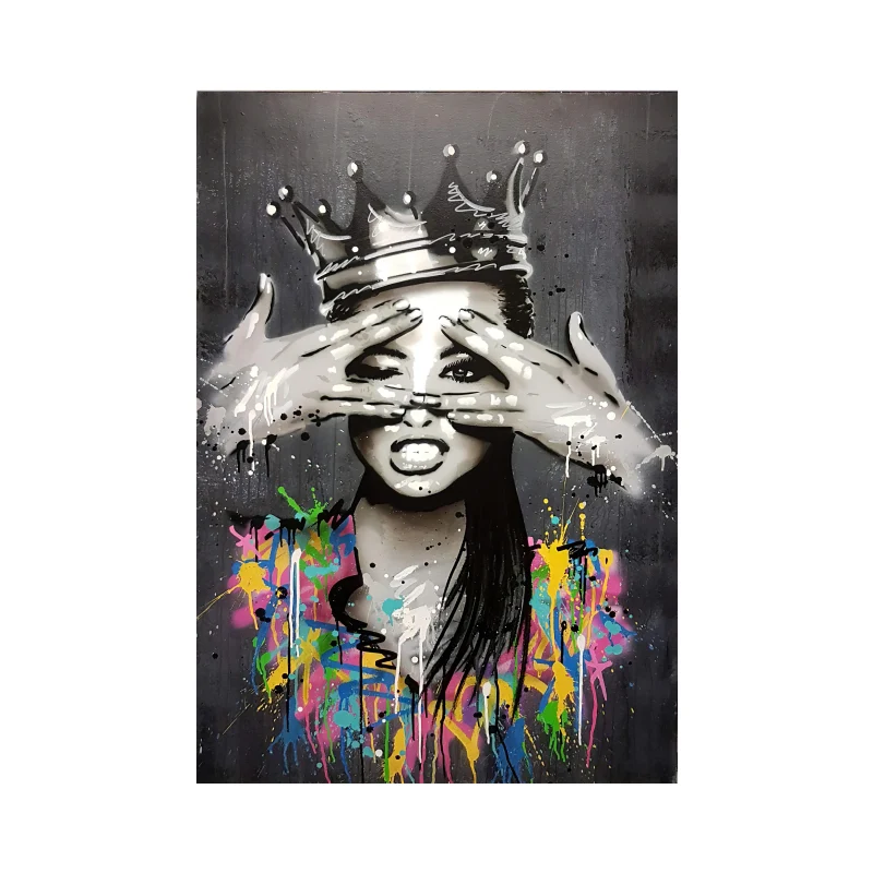 Pôster de pintura a óleo abstrata de menina africana com arte graffiti colorida para decoração de casa moderna e paredes.