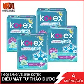 Combo 4 Gói Băng Vệ Sinh Kotex Siêu Ban Đêm Cool Mặt Bông Cánh 28Cm Gói 4 Miếng X4