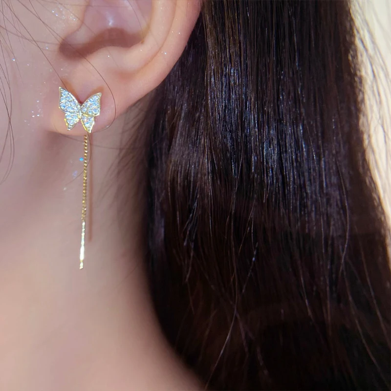 Title 8, Pendientes mariposa con borlas largas de aguja ...