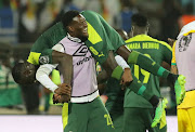 Senegal's Cheikhou Kouyate and Mamadou Loum celebrate after the  Africa Cup of Nations quarterfinal match against Equatorial Guinea at Ahmadou Ahidjo Stadium, Yaounde, Cameroon on  January 30 2022