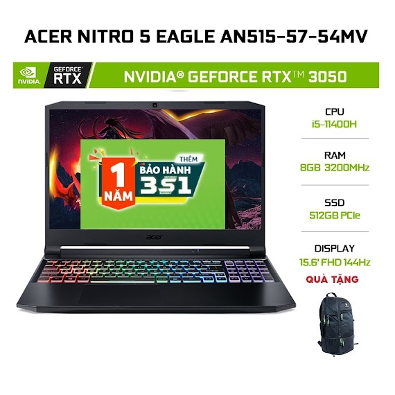 [Mã Elbau4 Giảm 4%] Laptop Acer Nitro 5 An515 - 57 - 54Mv I5 - 11400H | 8Gb | 512Gb |Geforce Rtx 3050