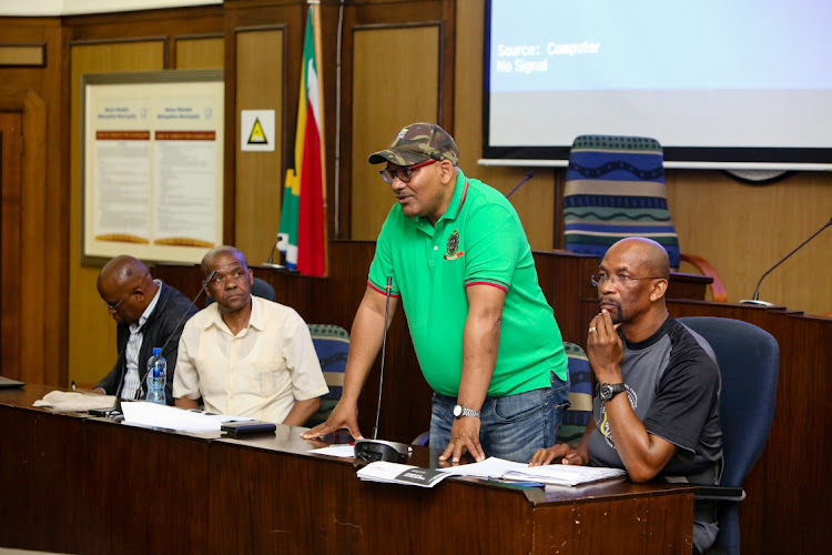 Addressing attendees at a political education class run by the ANC Nelson Mandela Bay region are, from left, former ANCYL NEC member Mahlubandile Qwase, ANC veteran Phila Nkayi, political education committee member Lutho Nduvane and RTT convener Nceba Faku