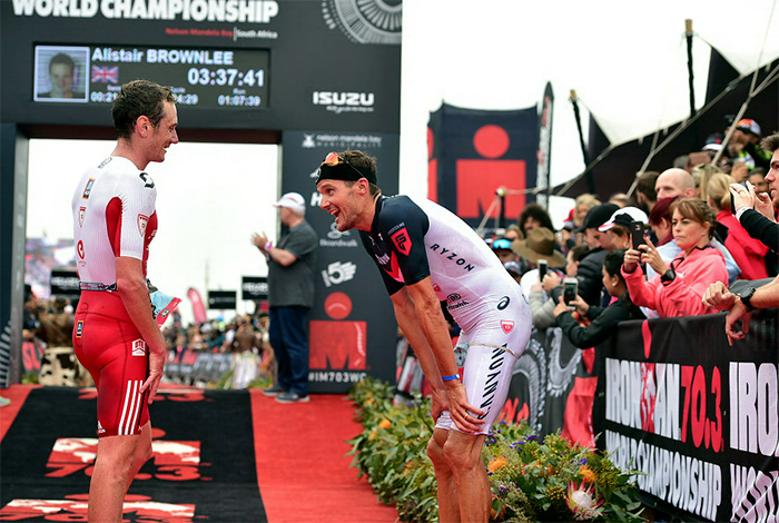 2 September 2018 - The Isuzu Ironman 70.3 World Championship in Nelson Mandela Bay. Left, Alistair Brownlee and Jan Frodeno after completing the race