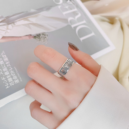 Title 4, S925 Sterling Silver Ancient Six Word Mantra Ri...