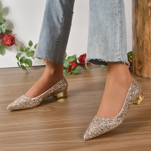 Title 3, Crystal Sequins Low Heel Shoes for Women
