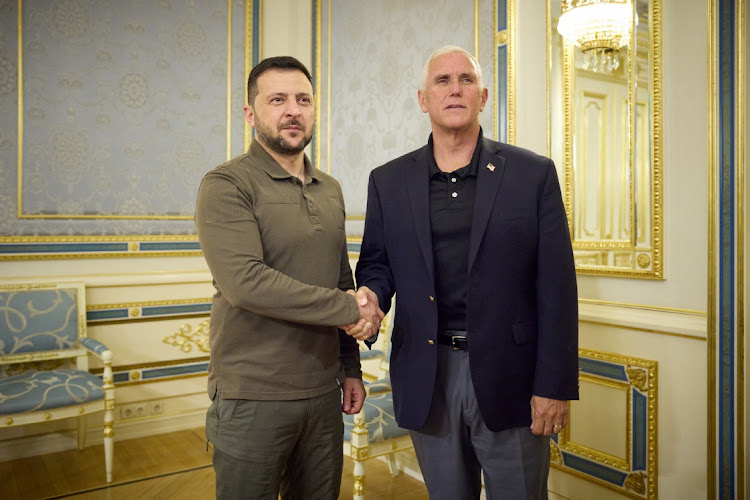 Ukraine President Volodymyr Zelensky welcomes former US vice-president Mike Pence in Kyiv, Ukraine, June 29 2023. Picture: UKRAINIAN PRESIDENTIAL PRESS SERVICE/REUTERS