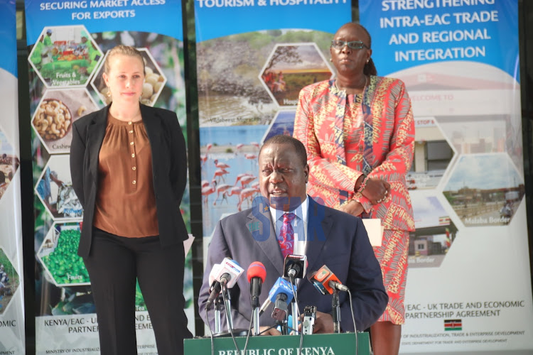 UK's deputy Trade Commissioner for Africa Rebecca Fisher, Interior CS Fred Matiangi and Trade CS Betty Maina at Harambee House on November.3, 2020.