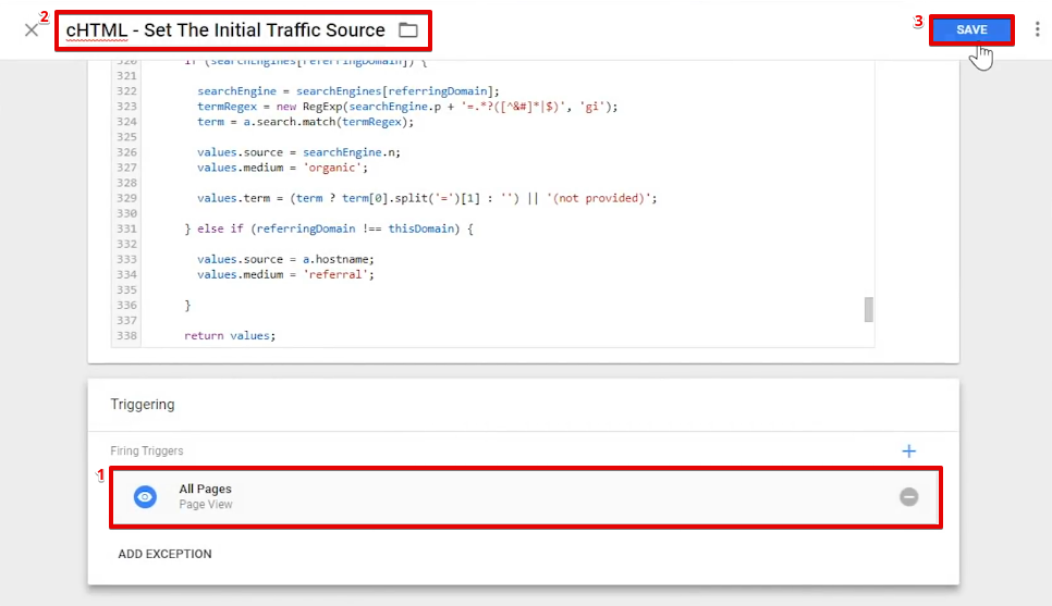 Configuring an All Pages trigger to a custom HTML Tag in Google Tag Manager to track initial traffic source