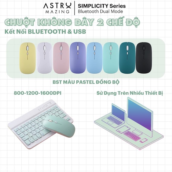 Chuột Không Dây Astromazing Silent 2 Chế Độ Bluetooth / Usb Siêu Êm Cho Ipad, Android, Laptop, Macbook