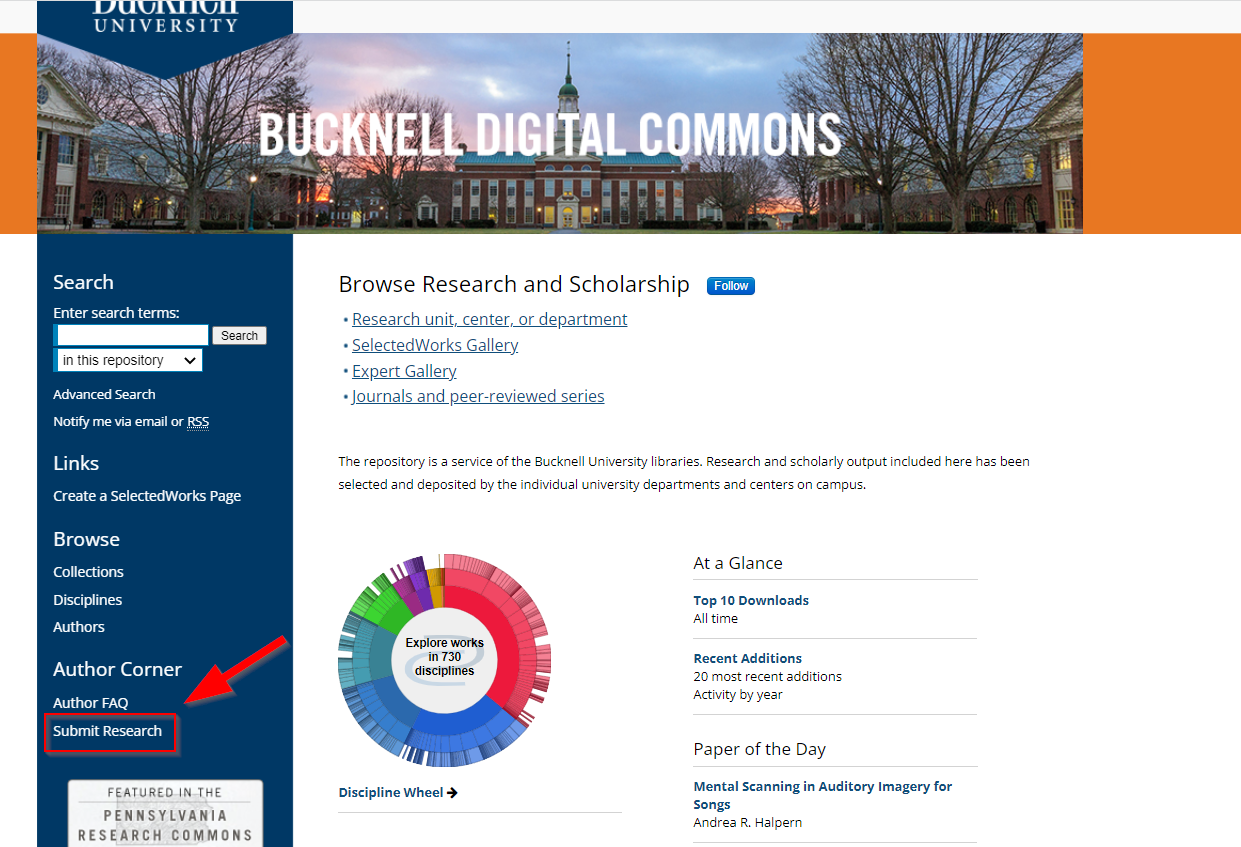 Alt text for image: a screenshot of the homepage of Bucknell Digital Commons