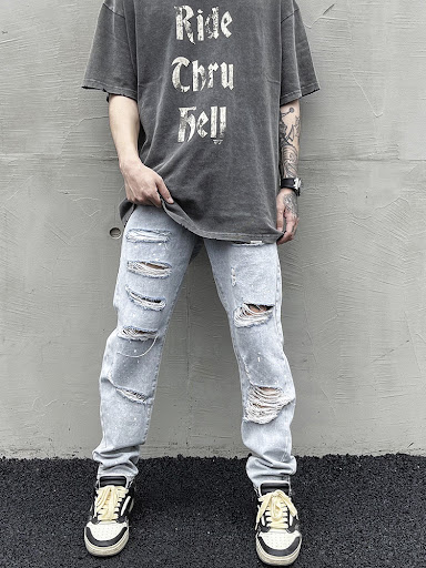 Title 4, Distressed Slim-fit Jeans With Ripped Holes And...