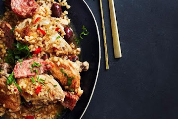 Chicken with barley, olives and chilli