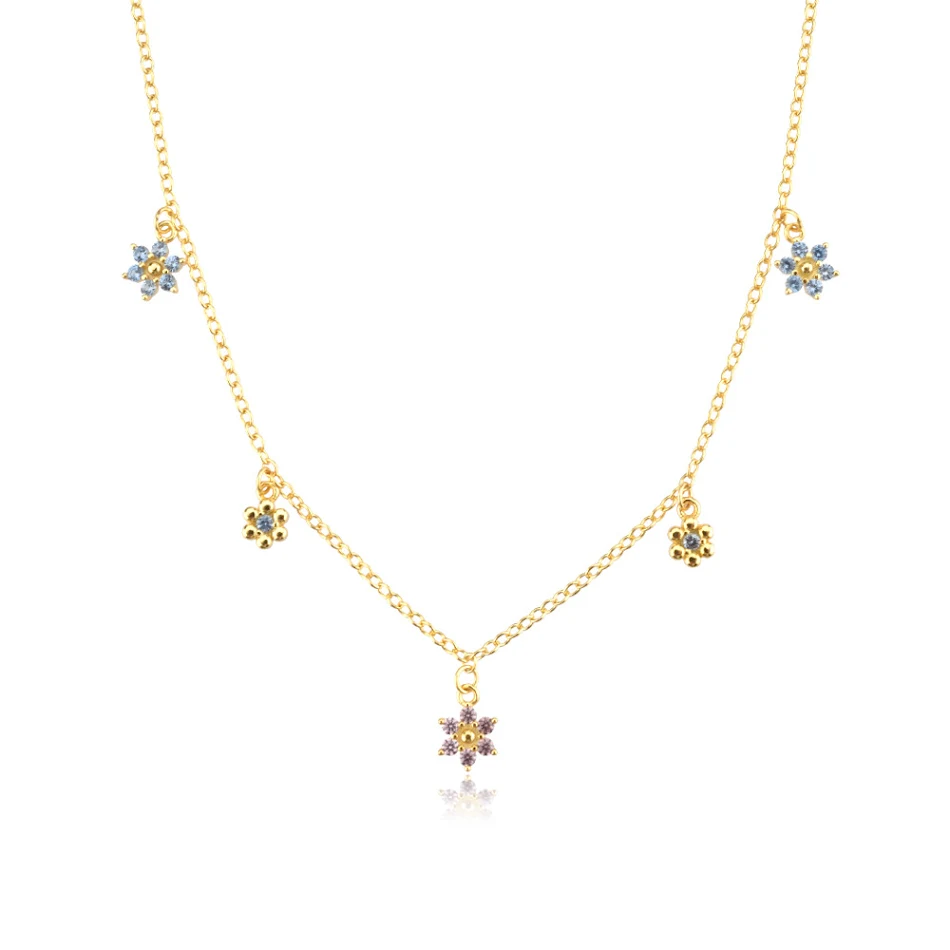 Colar DOCARE de prata esterlina S925 com contas azuis de zircônio e design floral. Adicione um toque de elegância e sofisticação ao seu visual.