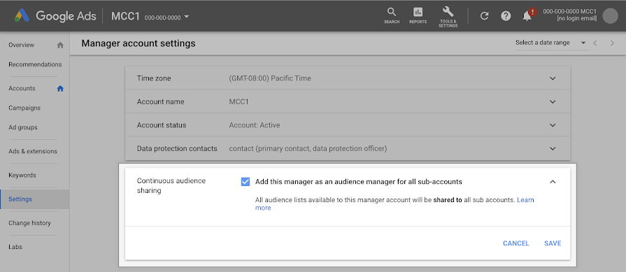 Audience sharing in Google Ads UI