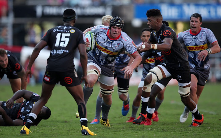 Ernst van Rhyn of the Stormers challenged by Hyron Andrews of the Sharks during the 2020 Super Rugby match between Sharks and Stormers at the Jonsson Kings Park, Durban on the 14 March 2020.