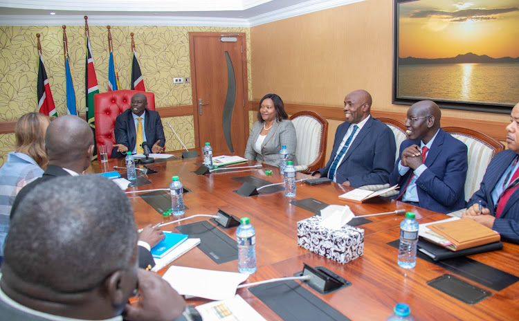 Deputy President Rigathi Gachagua, CS Rebecca Miano, CS Ezekiel Machogu and PS Belio Kipsang during a meeting with World Food Programme country director Lauren Landis at the DP's Harambee annex office on March 15, 2023.