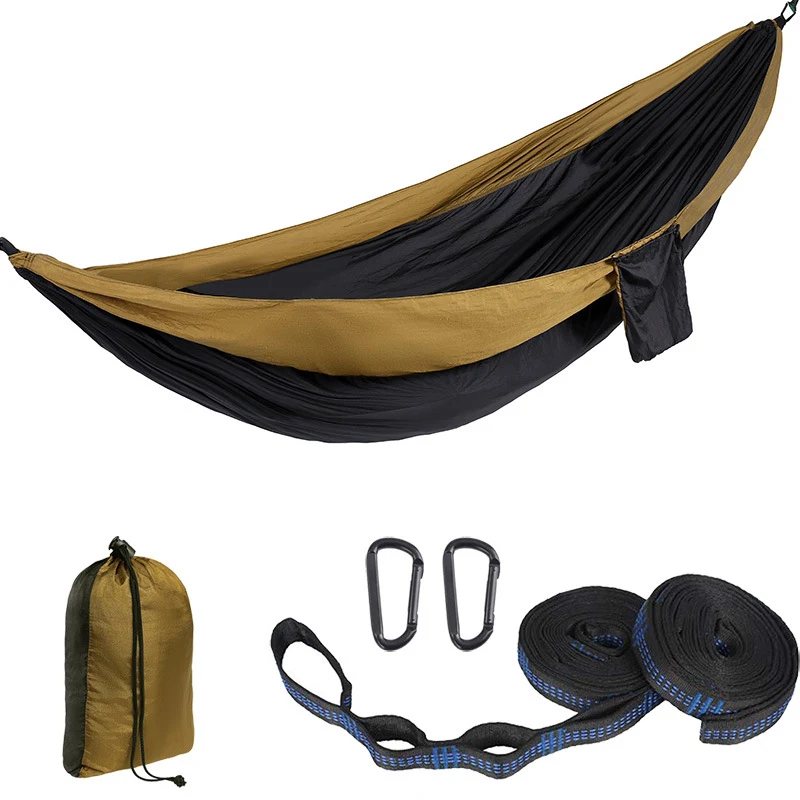 Hamaca de tela de paracaídas para acampada doble, nailon 210T, perfecta para exteriores. Disfruta del aire libre con comodidad y durabilidad.