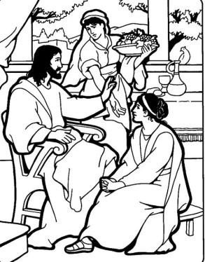 Jesus, Mary, and Martha. Bible coloring page