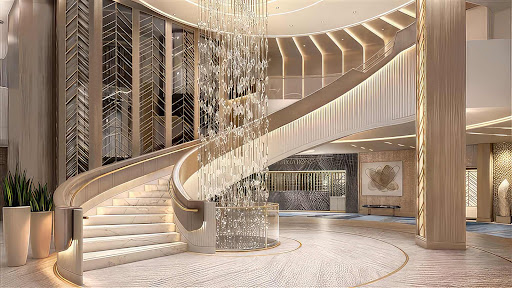 The stunning, light-filled grand atrium on Oceania’s Vista. 