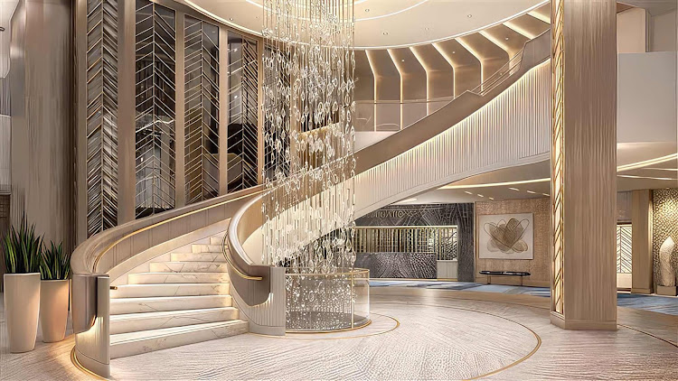 The stunning, light-filled grand atrium on Oceania’s Vista. 