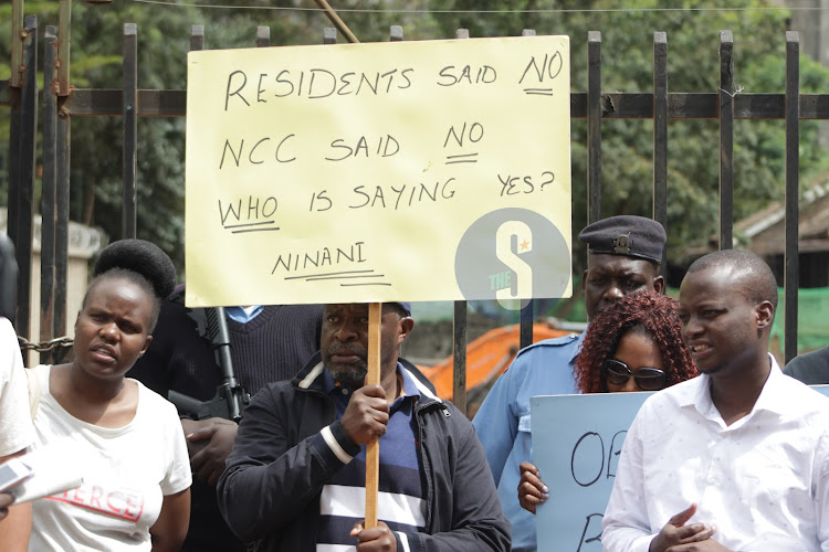 Kilimani MCA Moses Ogeto addresses the media at the site of the construction of a 13 storey building along Mbaazi Avenue in Lavington, Nairobi. October 26, 2023.