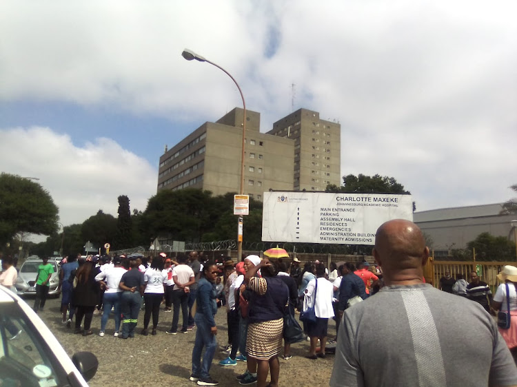 Nehawu affiliated workers protesting outside the Charlotte Maxeke Hospital in Parktown, Johannesburg.