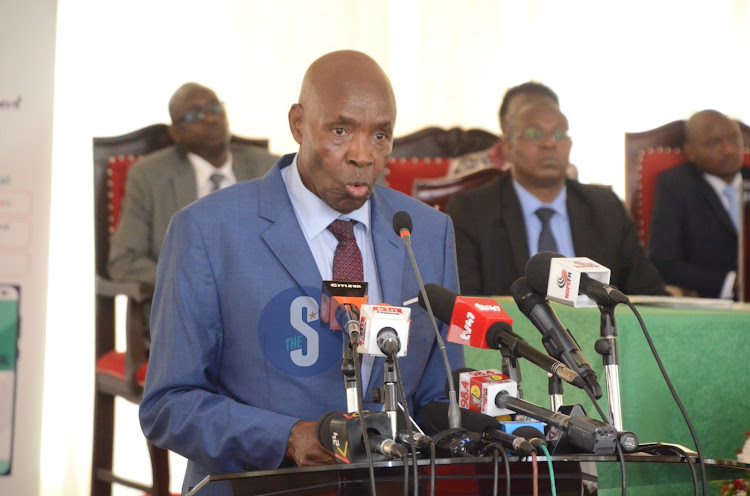 Education CS Ezekiel Machogu during the release of the 2023 KCPE examinations results at the KNEC's New Mitihani House on November 23, 2023