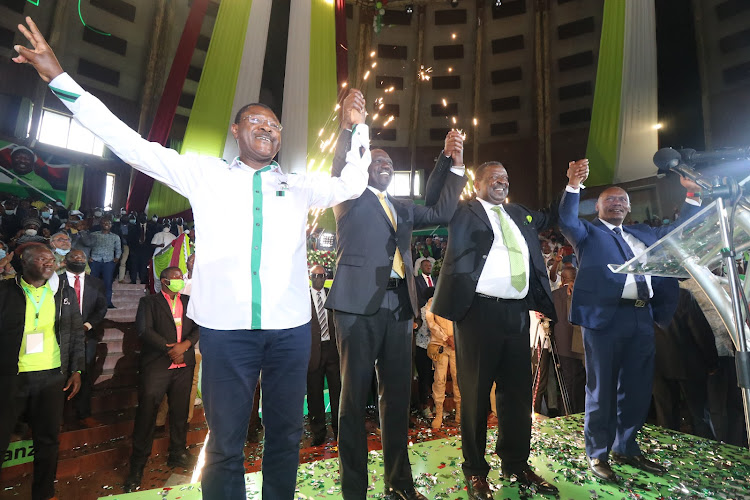 Ford Kenya leader Moses Wetang'ula, President William Ruto, Prime Cabinet Secretary Musalia Mudavadi and former Kiambu governor William Kabogo during ANC National Delegates Congress at the Bomas of Kenya on 23/01/2022