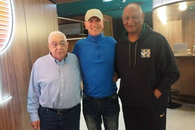 Threewaterskloof deputy mayor John Michels with SA Rugby president Mark Alexander and vice-president Francois Davids in France.