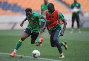 Lebo Mothiba and Thamsanqa Mkhize during the South Africa Training on the 02 October 2017 at FNB Stadium.