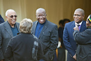 Ahmed Kathrada (l), Julius Malema (C) along with Fikile Mbalula (R) outside Albertina Sisulu's house after paying respects to the family. Pic. Halden Krog. 06/06/2011.