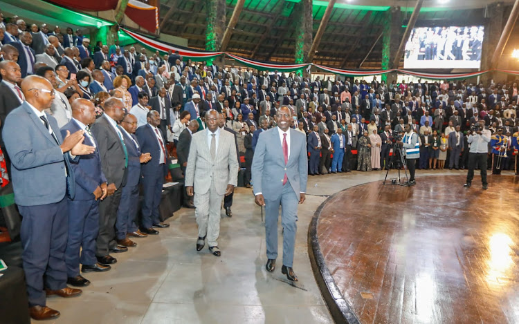 President William Ruto with his deputy Rigathi Gachagua arrives at the Bomas of Kenya for the Third National Wage Bill Conference 2024 on April 17, 2024.