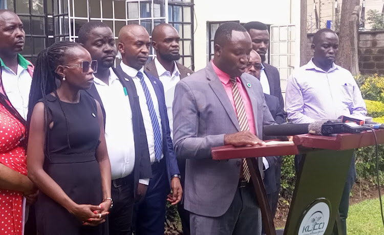 The Kenya Union of Clinical Officers SG George Gibore addressing the media in Nairobi on March 25, 2024