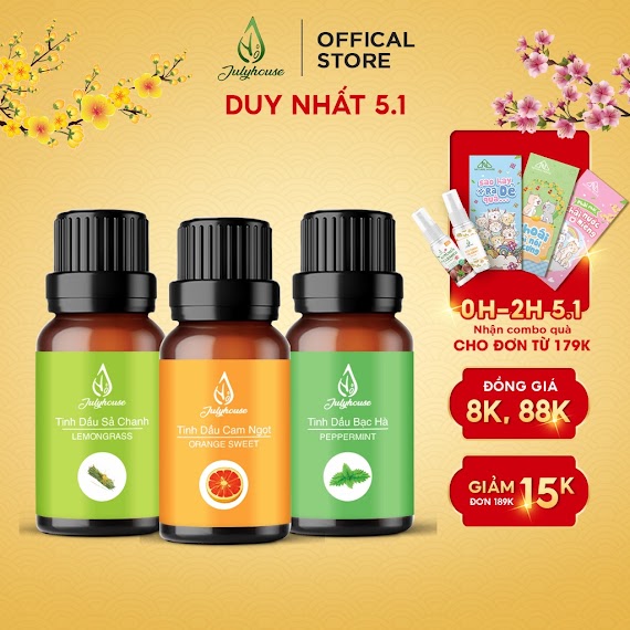 Tinh Dầu Sả Chanh, Bạc Hà, Cam Ngọt, Khuynh Diệp Thiên Nhiên Nguyên Chất Julyhouse 30Ml/50Ml/100Ml Kèm Vỏ Khuếch Tán