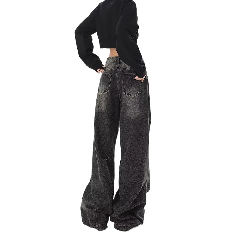 Pantalones de mujer retro negros de tiro alto y pierna ancha con degradado, ideales para un look moderno y cómodo.