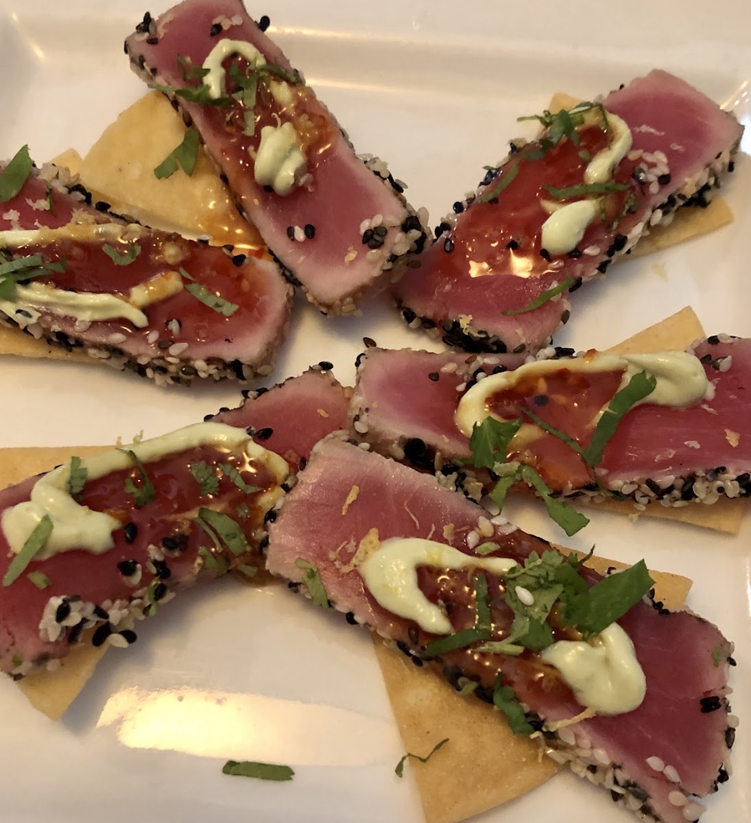 Ahi nachos on corn tortillas