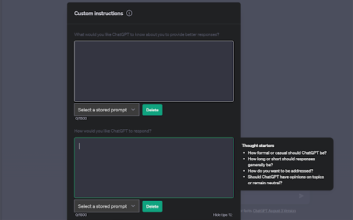 ChatGPT Custom Instructions Storage