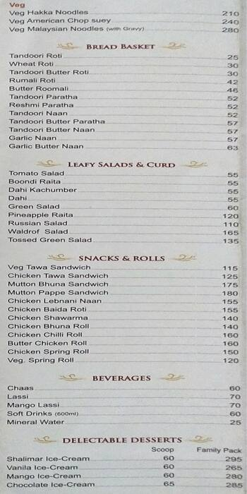 Shalimar Restaurant menu 