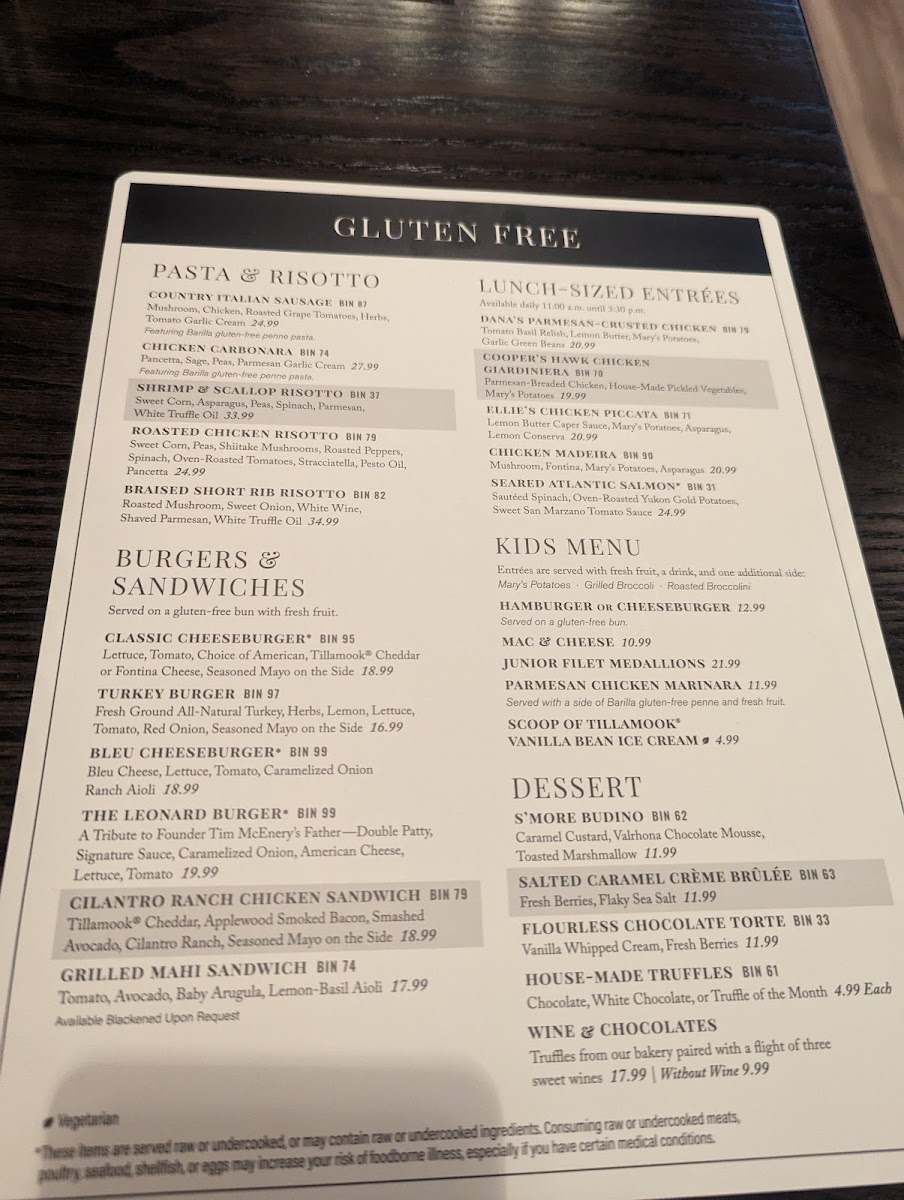 Cooper's Hawk gluten-free menu