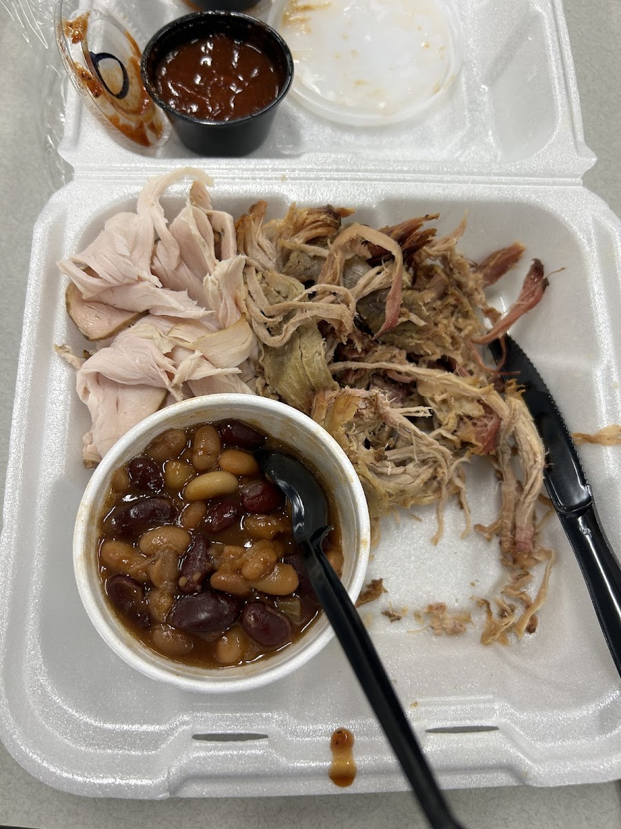 Turkey, pulled pork, and pit beans