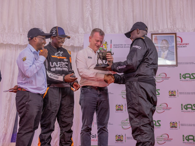 Sports CS Ababu Namwamba, Deputy President Rigathi Gachagua among other leaders during the opening of the Talanta Motorsport Academy at the Kenya Academy of Sports at Kasarani Stadium, Nairobi on March 27, 2027.