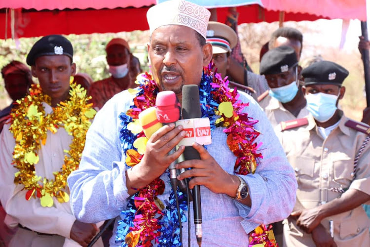 Wajir East MP Rashid Kassim speaking in Jigjiga location in Eldas subcounty.