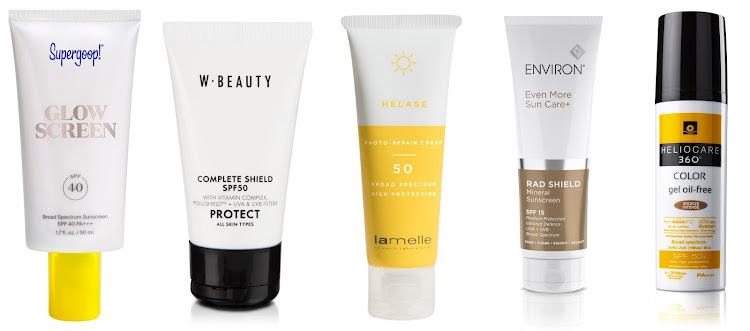 From left: Supergoop! Glow Screen SPF 40 • WBEAUTY Protect Complete Shield SPF 50 • Lamelle Helase 50 Photo-Repair Cream • Environ Rad Shield Mineral Sunscreen SPF 15 • Heliocare 360° Color Gel Oil-Free SPF 50+.