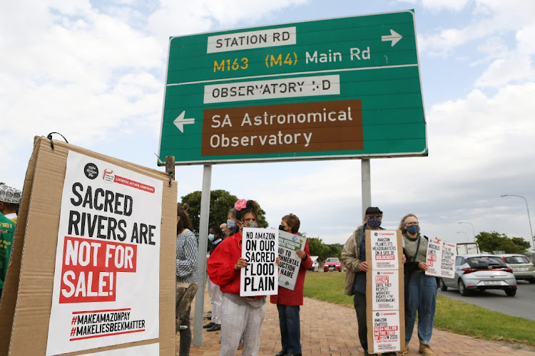 Protesters outside the Black River park development by Amazon.