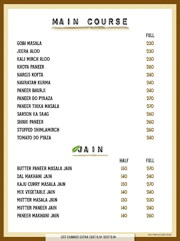 Ravi Mehra's Delhi Hotel menu 