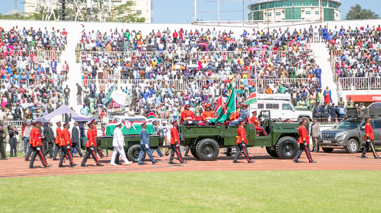 The cortege carrying the remains of former President Daniel Moi at the Nyayo Stadium on February 11, 2020.