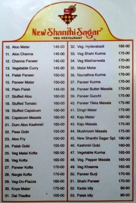 New Shanthi Sagar menu 