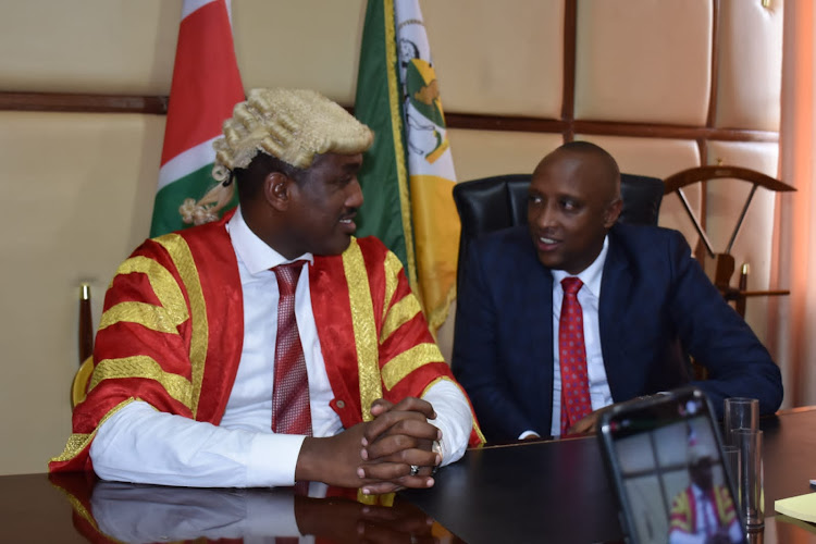 Isiolo Governor Abdi Hassan Guyo and county assembly Speaker Mohamed Roba Qoto on October 25.