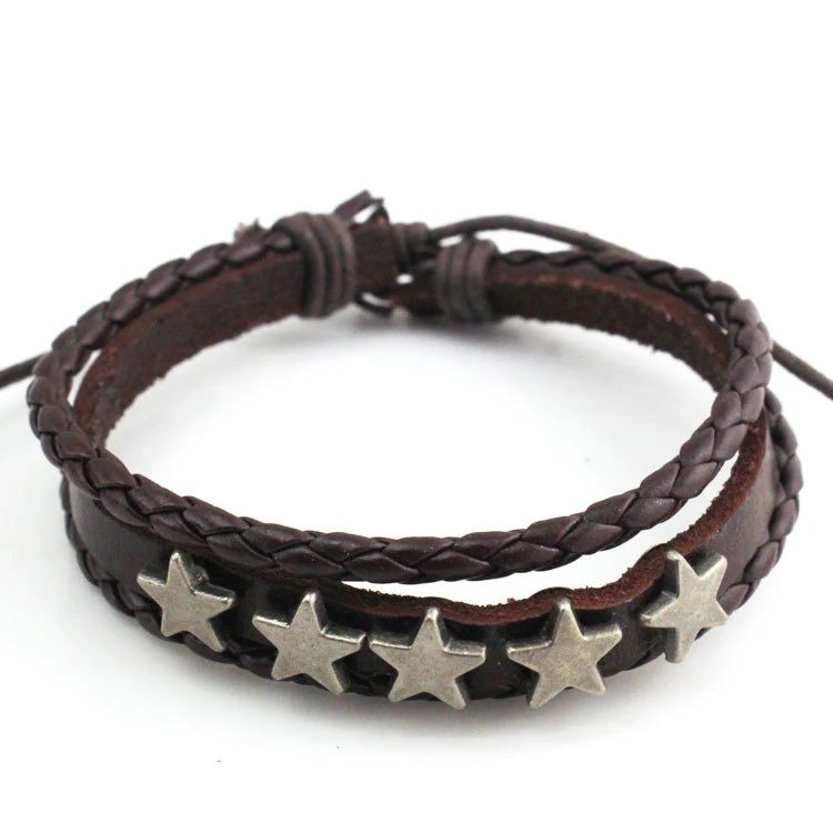 Heren leren retro armband, gemakkelijk te combineren, geweven, met telescopische vijfpuntige ster. Stijlvol en uniek.