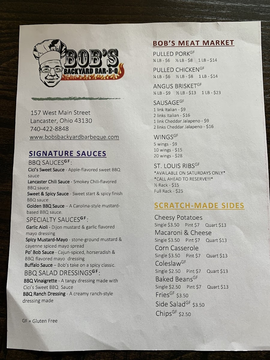 Bob's Backyard Barbeque gluten-free menu